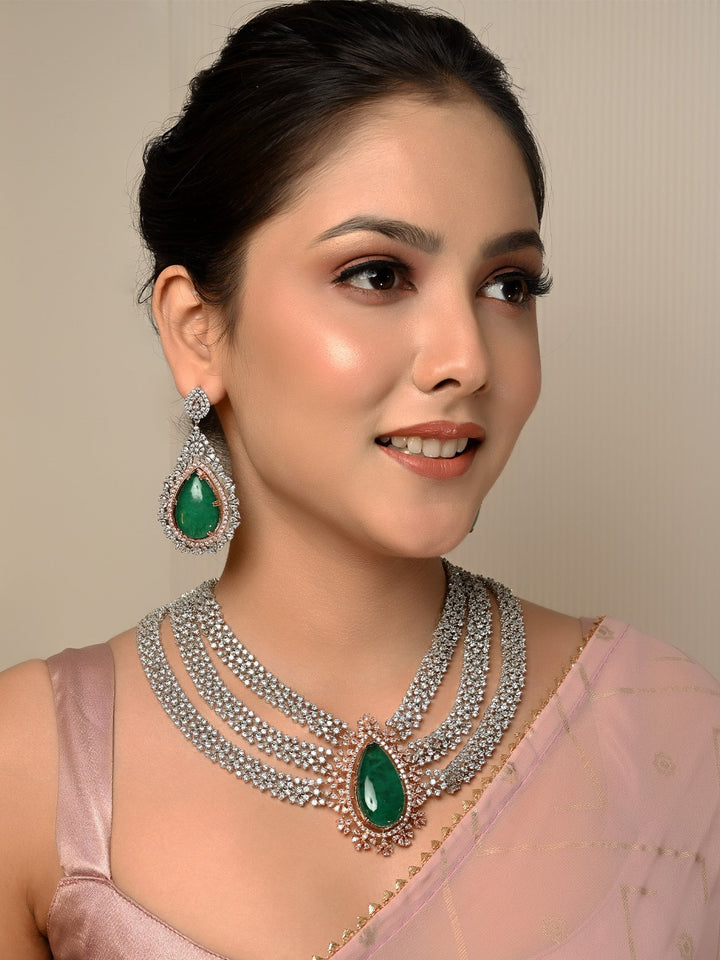 Nishika Green American Diamond Necklace Set with stunning emerald green stones