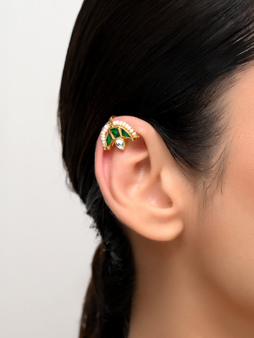 Twisha Small Green Gold Plated Kundan Ear Cuff [ Price is for Pair ] - qivii