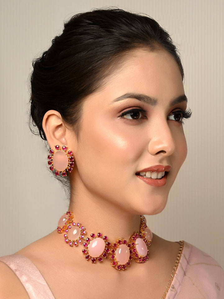 Handcrafted Edana Ruby & Baby Pink Natural Stone Necklace Set with delicate detailing