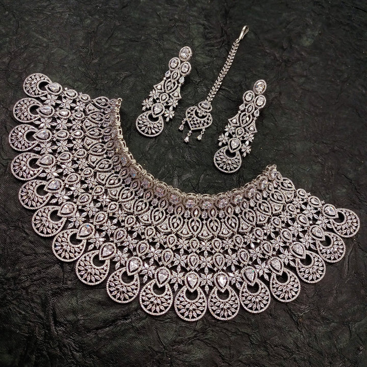 Exquisite Rukhsaar Bridal Look American Diamond Necklace Set with intricate detailing