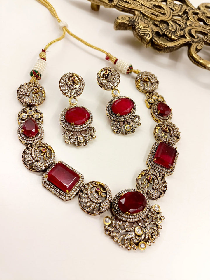 Maroon Victorian Necklace Set with American Diamond Setting to perfectly complement any outfit