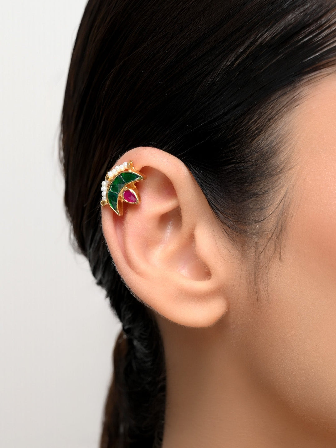 Madhat Medium Size Ruby Gold Plated Kundan Ear Cuff [ Price is for Pair ] - qivii