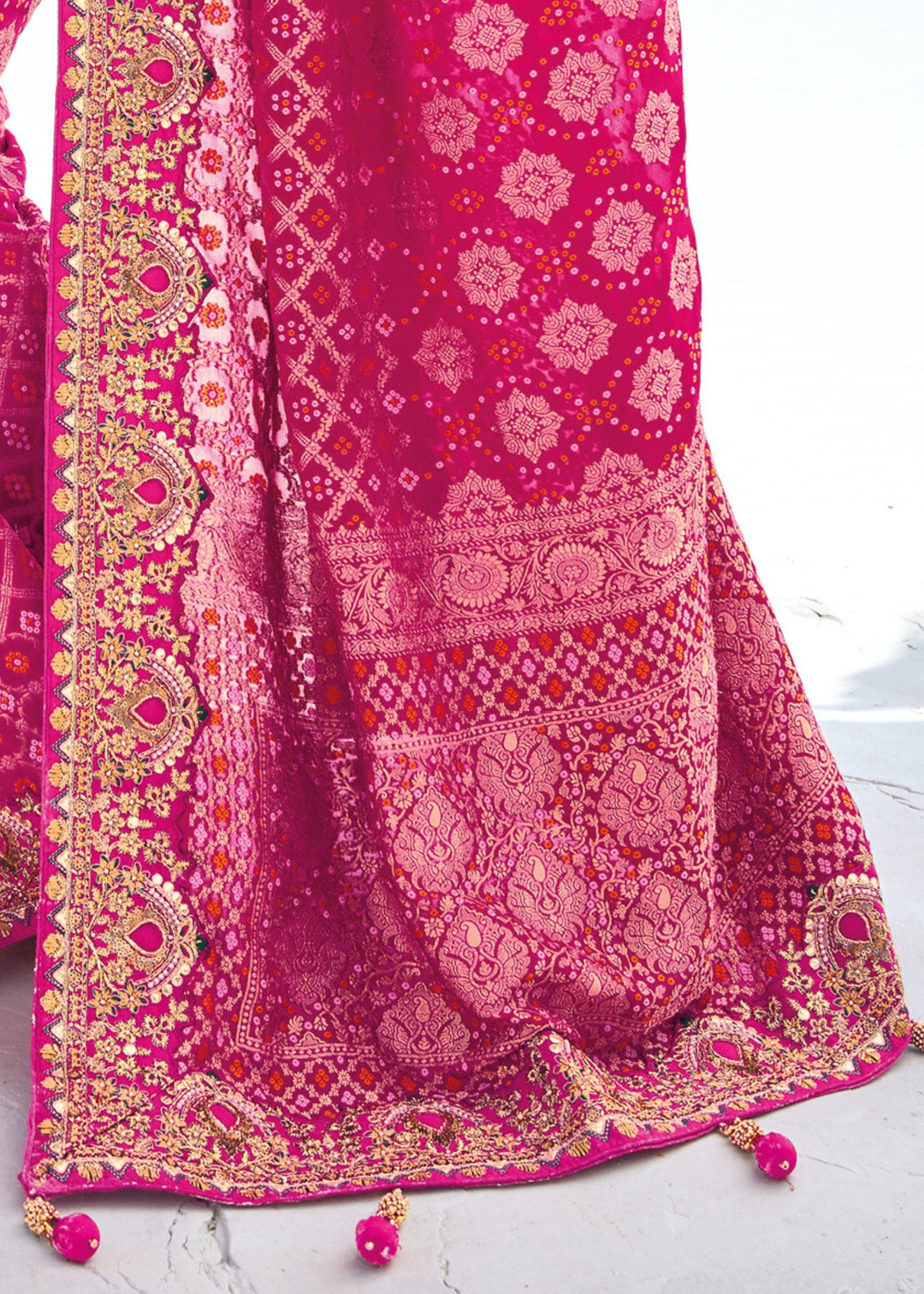 Hot Pink Pure Georgette Bandhani Patola With Zari Weaving Heavy Work Saree - qivii