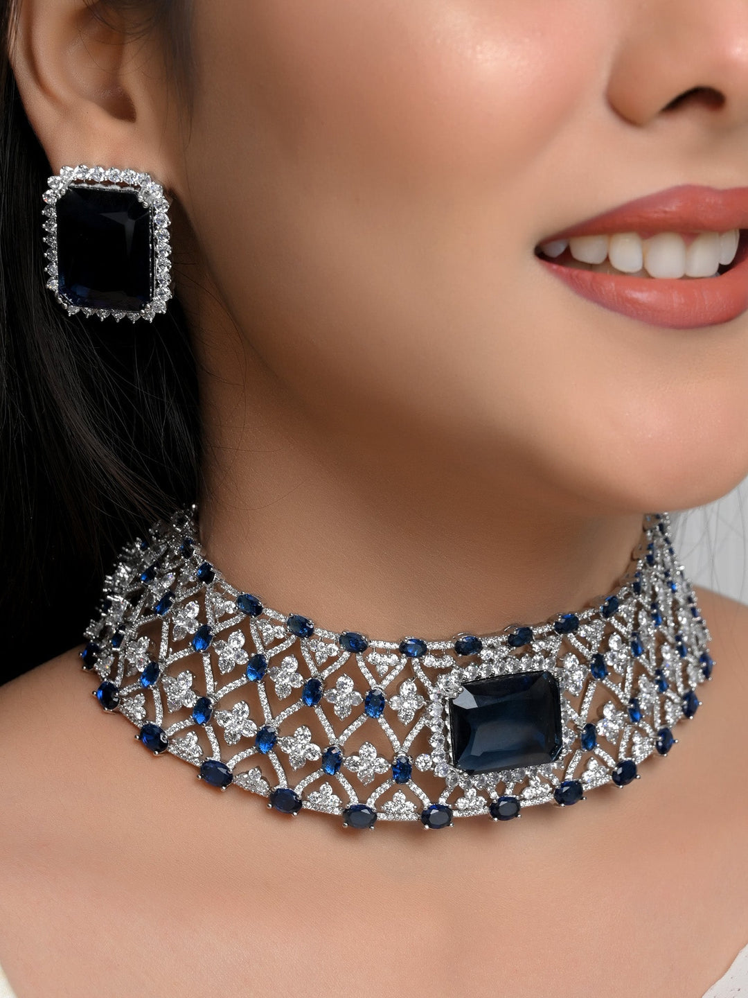 Beautiful Amaira Navy Blue American Diamond Necklace Set with intricate detailing
