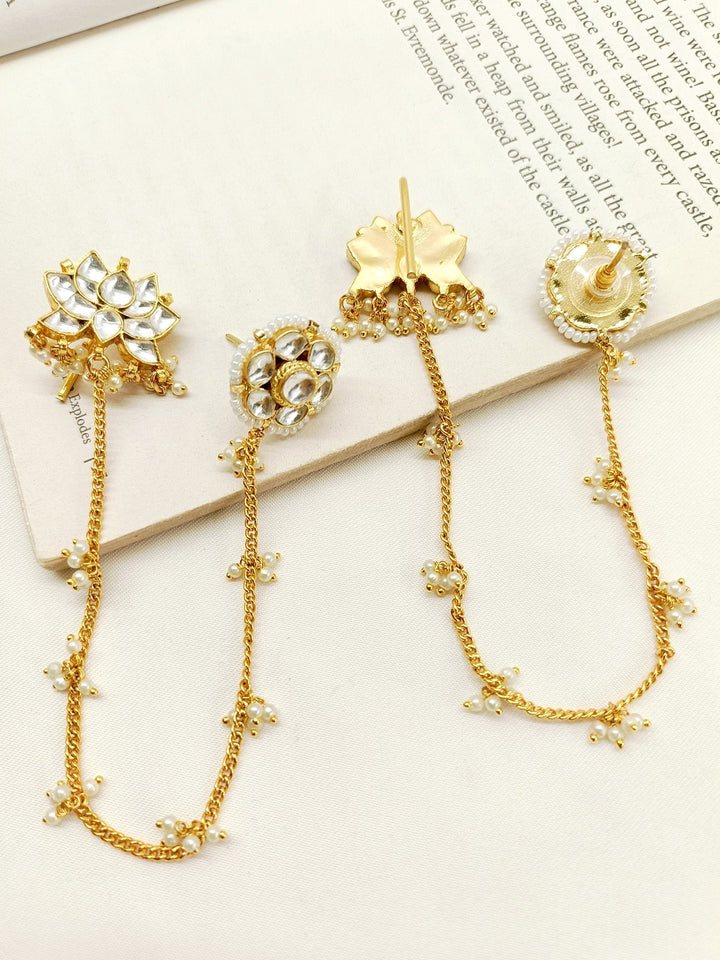  Elegant Kundan Earrings with golden chain lotus flower, perfect for any occasion 