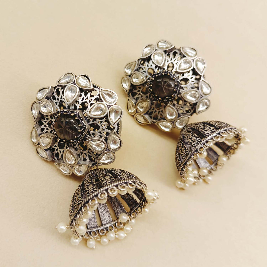 Meenal Charcoal Stone Silver Plated Boutique Jhumki - qivii