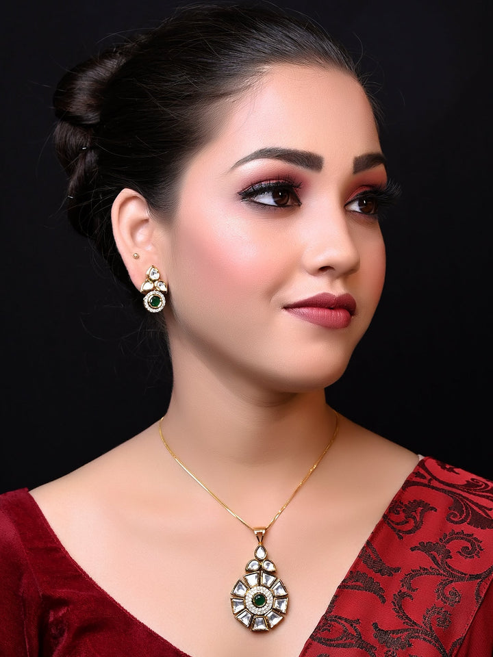 Beautiful Ragvi Green Kundan Pendant Set with intricate design and details