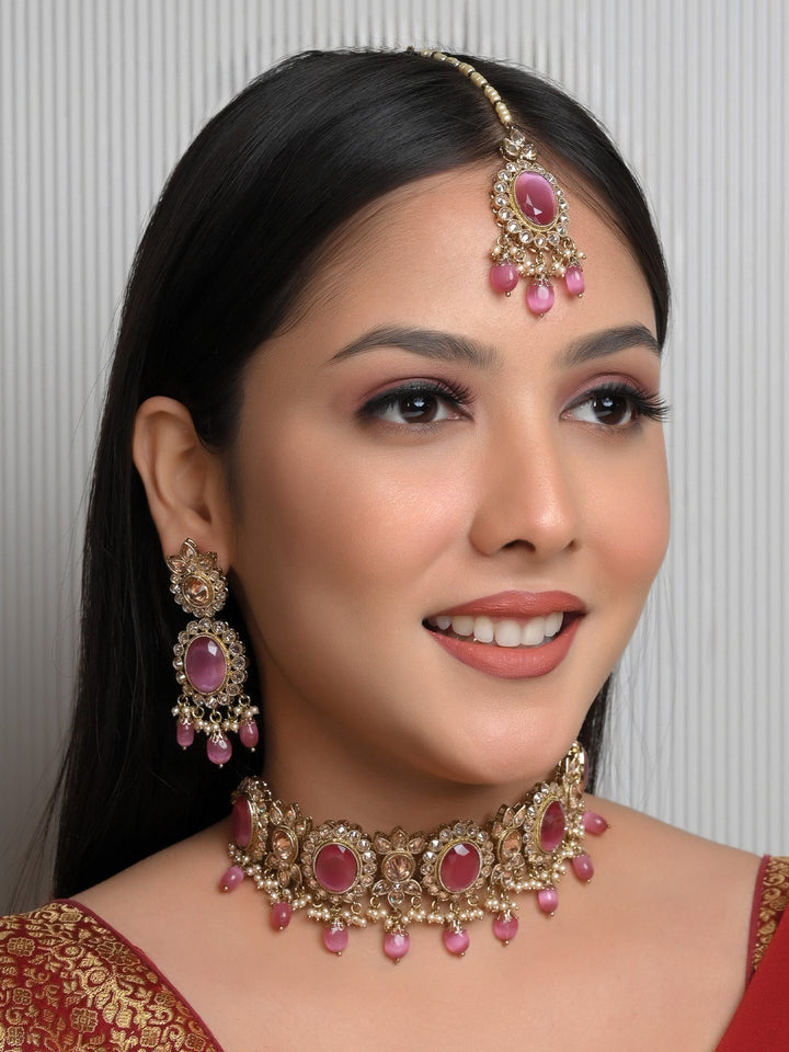 Zeenat Pink Polki Choker Set with Traditional Polki Choker and Pearl Hanging