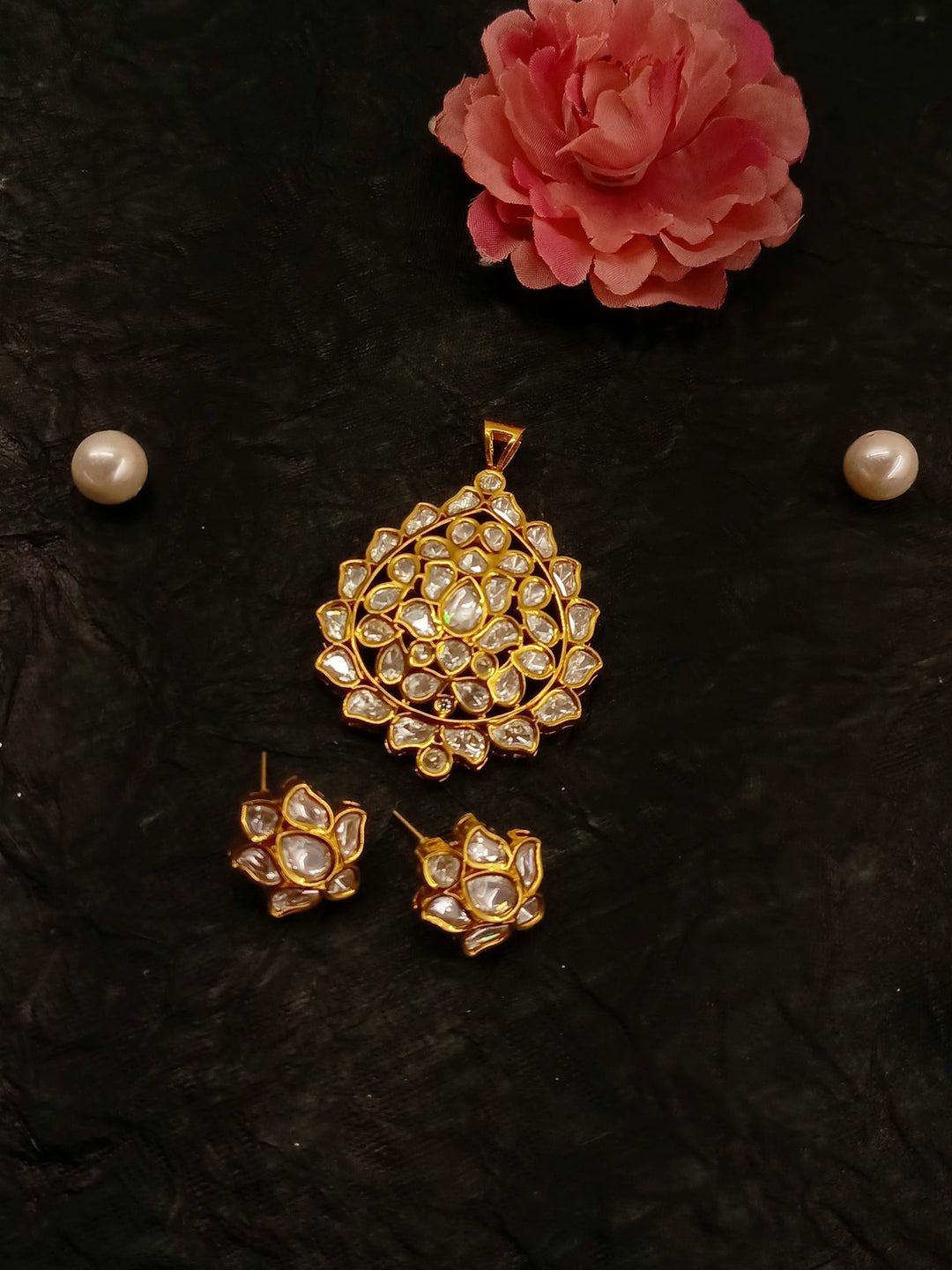  Gorgeous Pranshi White Kundan Pendant Set with intricate kundan setting on a brass metal base