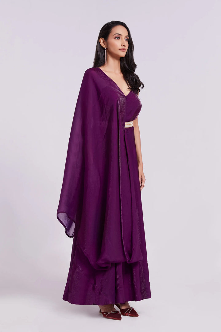 Wine Pure Organza Gown With Dupatta - qivii