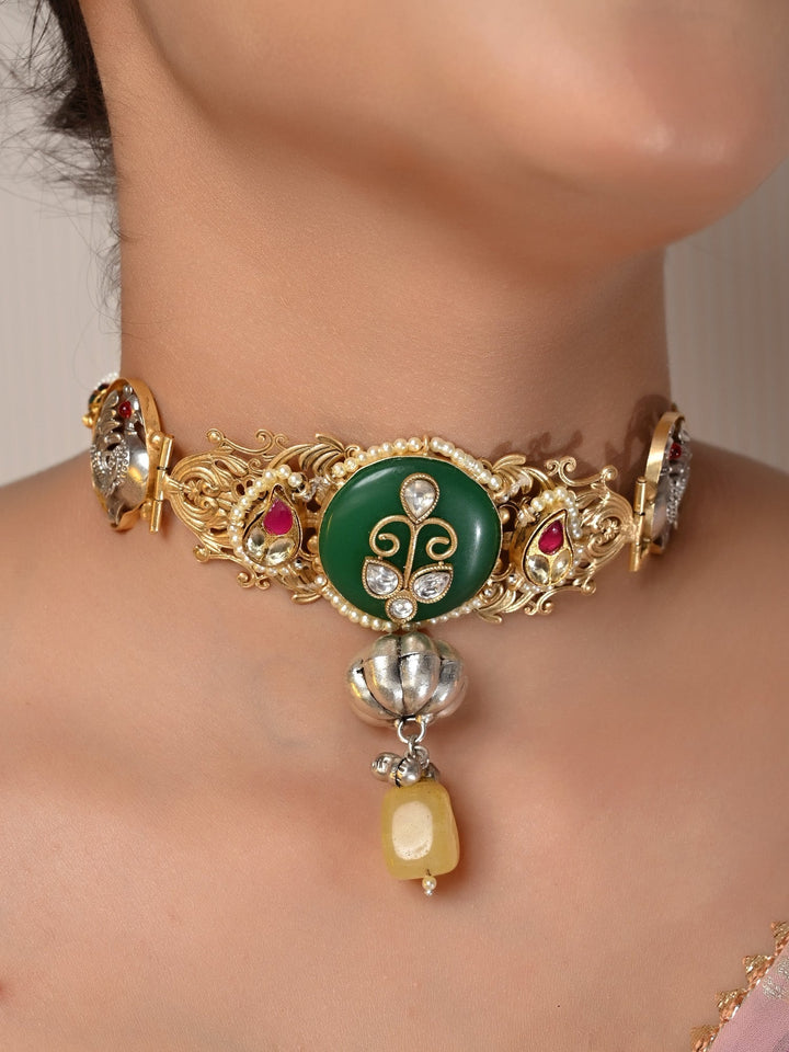 Handcrafted black lace choker with delicate rose gold floral embellishments