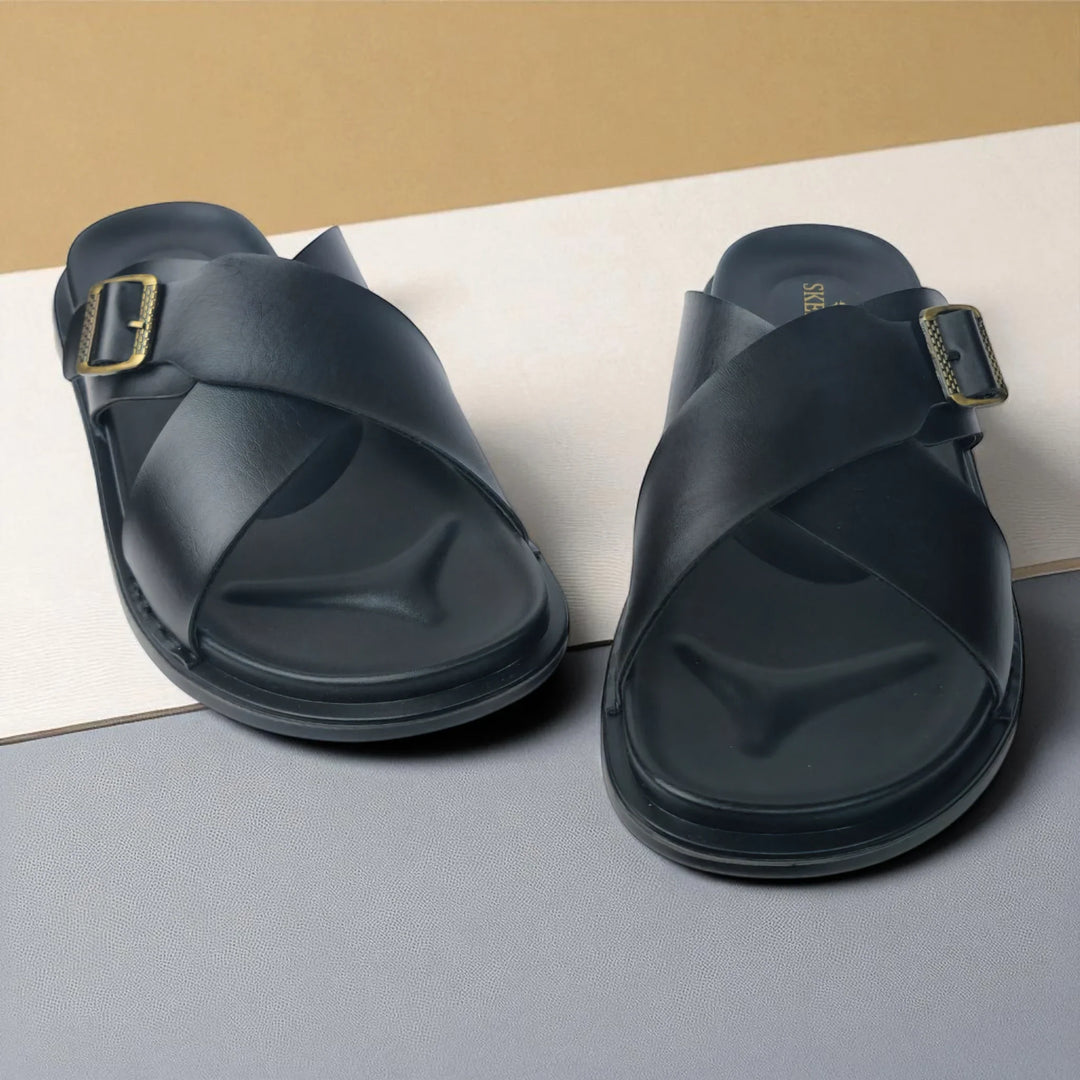 SKEROO 6408 Men's BLACK Chappal/Flip flop/Slipper Extra Soft Chappal Slipper Ethnic Wear Leather With Adjustable Buckle Strap Navratri Fashion Footwear. - qivii