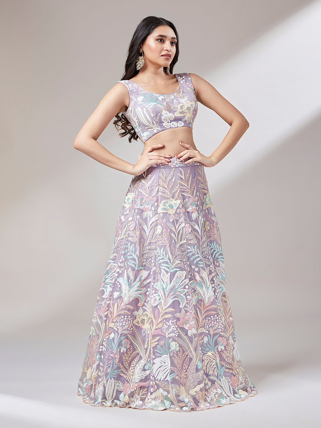 Lavender - Net Multi-Sequins Work Semi-Stitched Lehenga - qivii