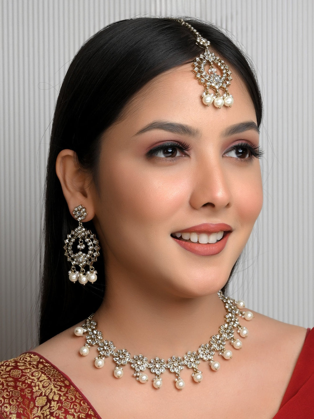 Anokhi White Polki Necklace Set with Silver Chain and Matching Earrings