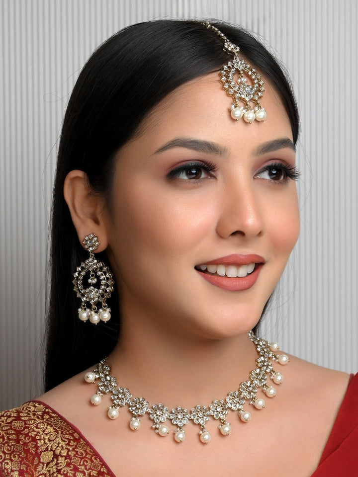 Anokhi White Polki Necklace Set with Silver Chain and Matching Earrings