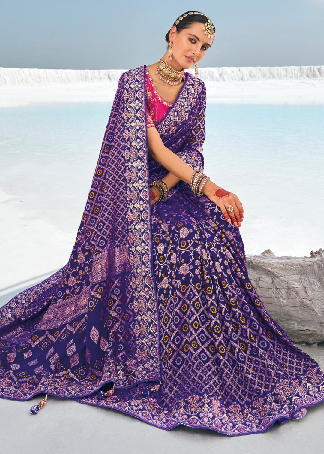 Indigo Blue Pure Georgette Bandhani Patola With Zari Weaving Heavy Work Saree - qivii