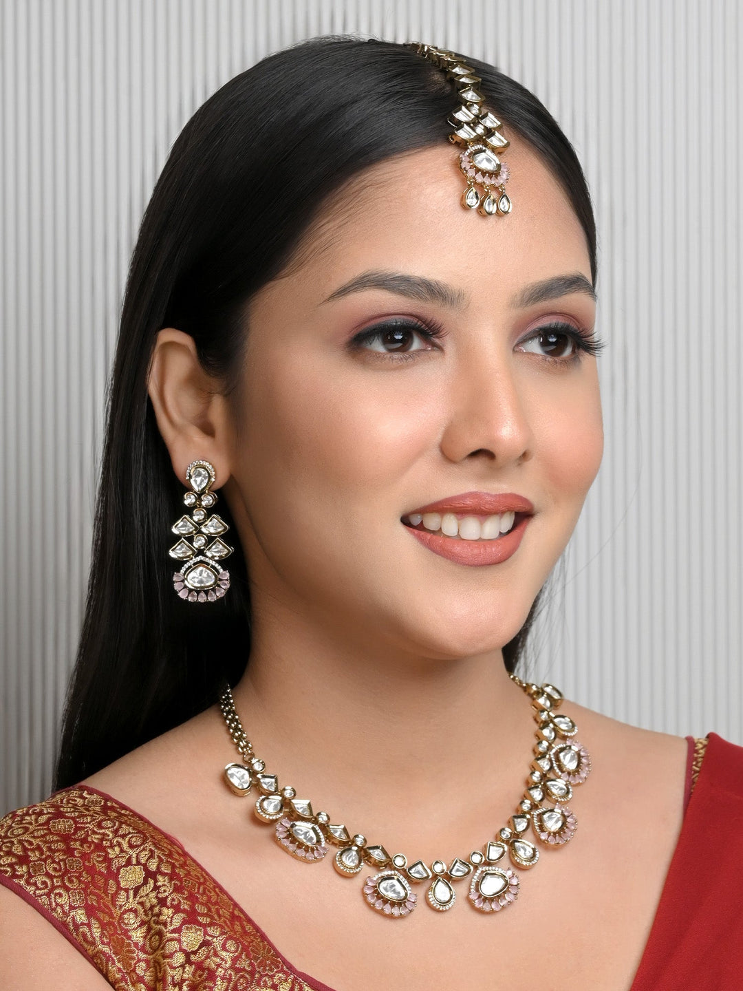 Dhanvanti Baby Pink Diamond Polki Necklace Set with Antique Gold Plating