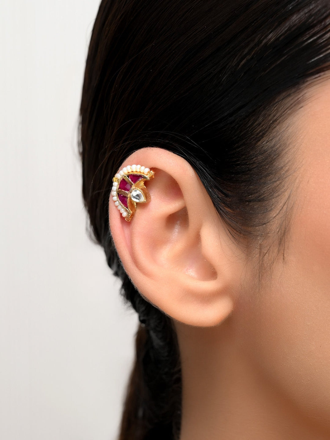 Kiana Small Ruby Gold Plated Kundan Ear Cuff [ Price is for Pair ] - qivii