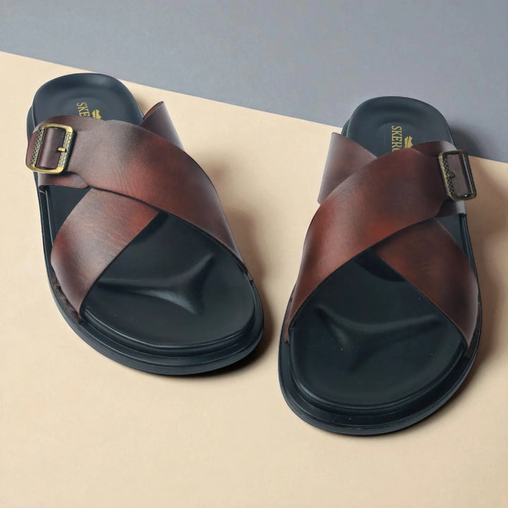 SKEROO 6408 Men's BROWN Chappal/Flip flop/Slipper Extra Soft Chappal Slipper Ethnic Wear Leather With Adjustable Buckle Strap Navratri Fashion Footwear - qivii