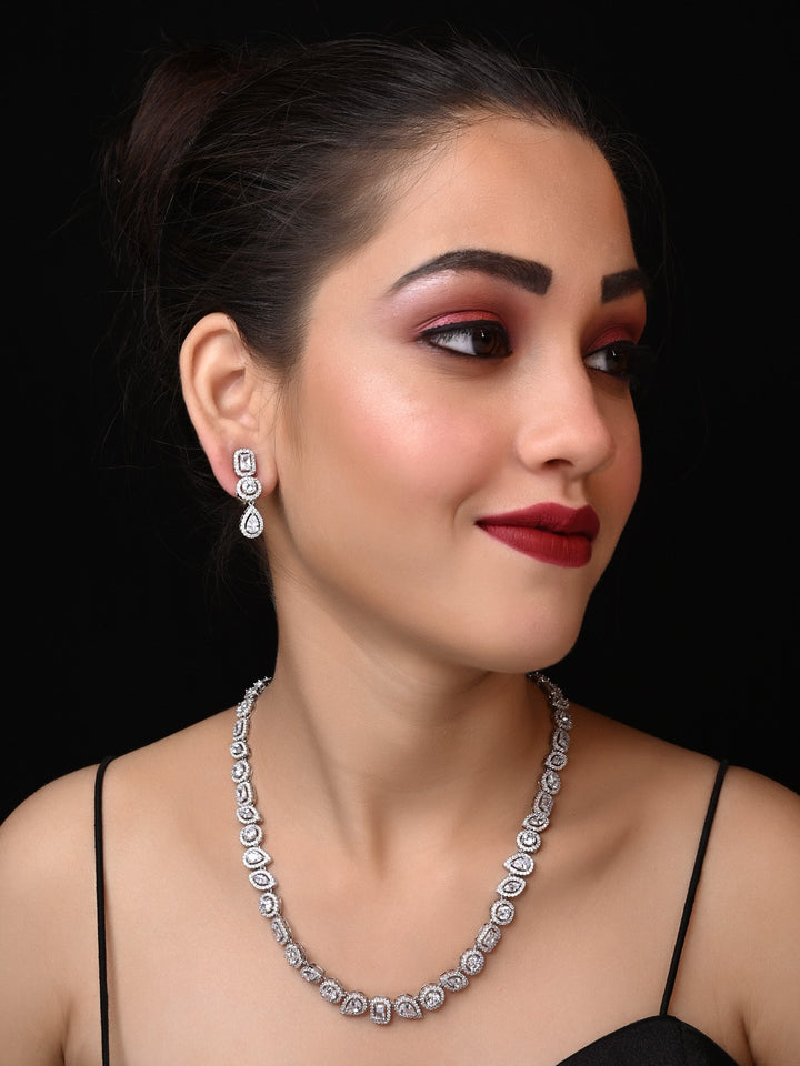 Neya Silver Plated With American Diamond Necklace Set - Elegant and timeless jewelry piece perfect for any occasion