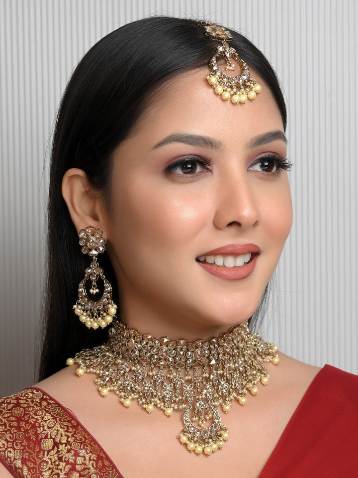 Kishwar Copper Polki Choker Set with Pearl Hanging and Teeka 