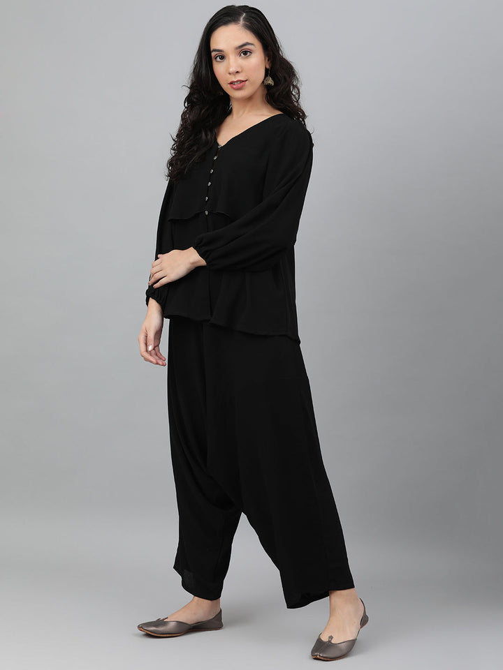 Black Poly-Twill Layered Top With Harem Pant