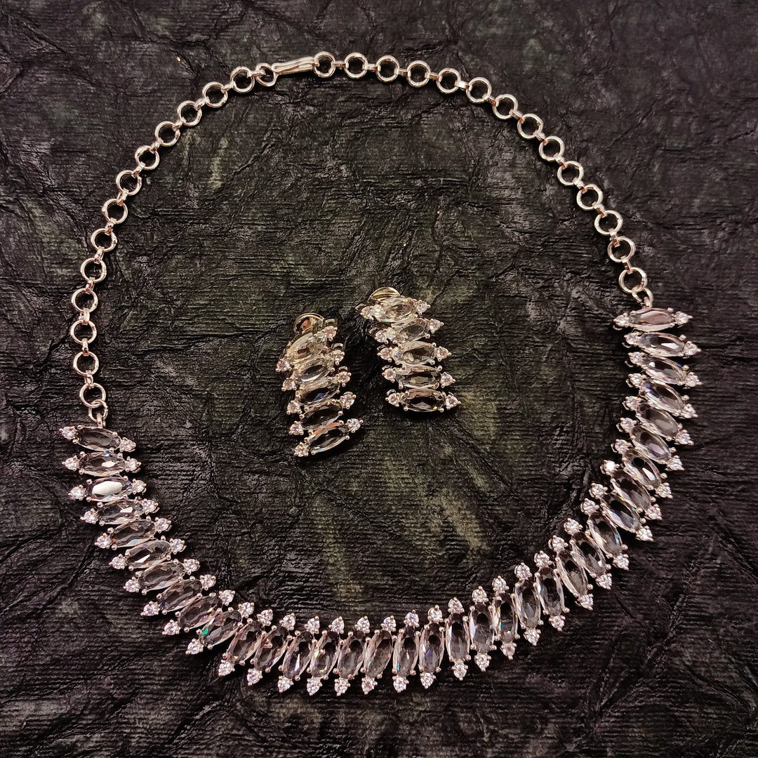  Exquisite silver plated brass metal necklace set featuring stunning American diamond and fancy cut shape stone 