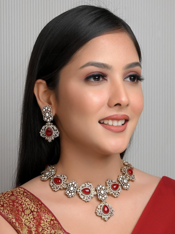 Aarna Red Victorian Necklace Set crafted from antique gold plated brass metal