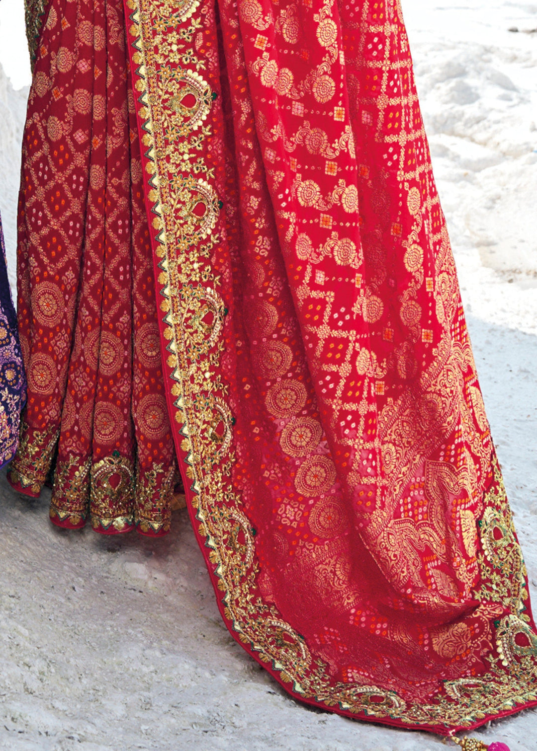 Cherry Red Pure Georgette Bandhani Patola With Zari Weaving Heavy Work Saree - qivii