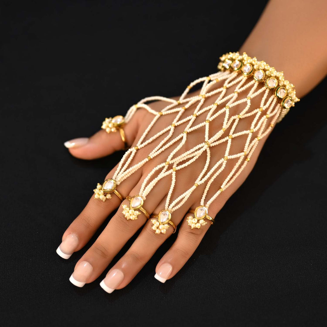 Naina White Gold Plated Kundan Hathphool With Pearls - qivii