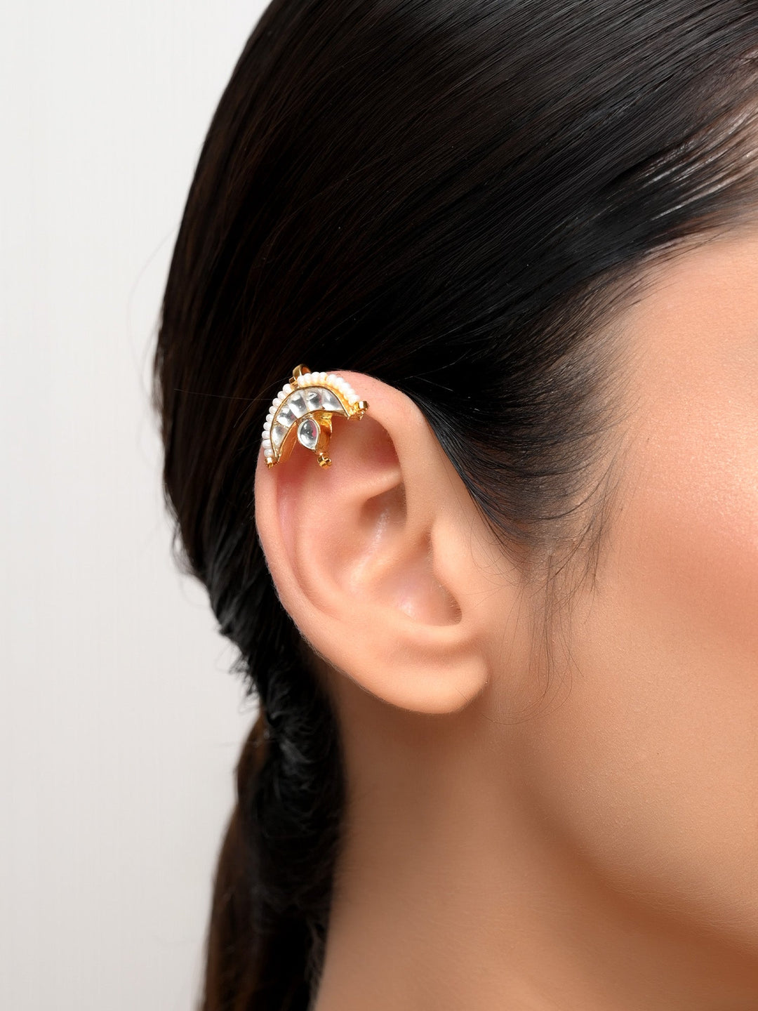 Arpana Medium Size White Gold Plated Kundan Ear Cuff [ Price is for Pair ] - qivii
