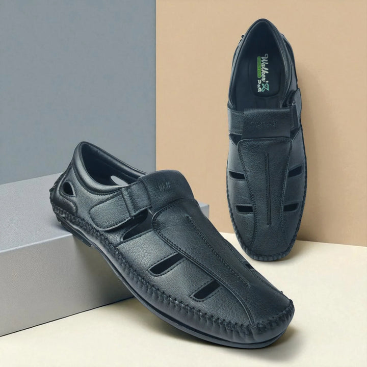 P&G N1404 Men's BLACK Slipon Sandal Extra Soft Sandal/Mojri/Ethnic Wear Leather With Adjustable Strap/Navratri Fashion Footwear. - qivii