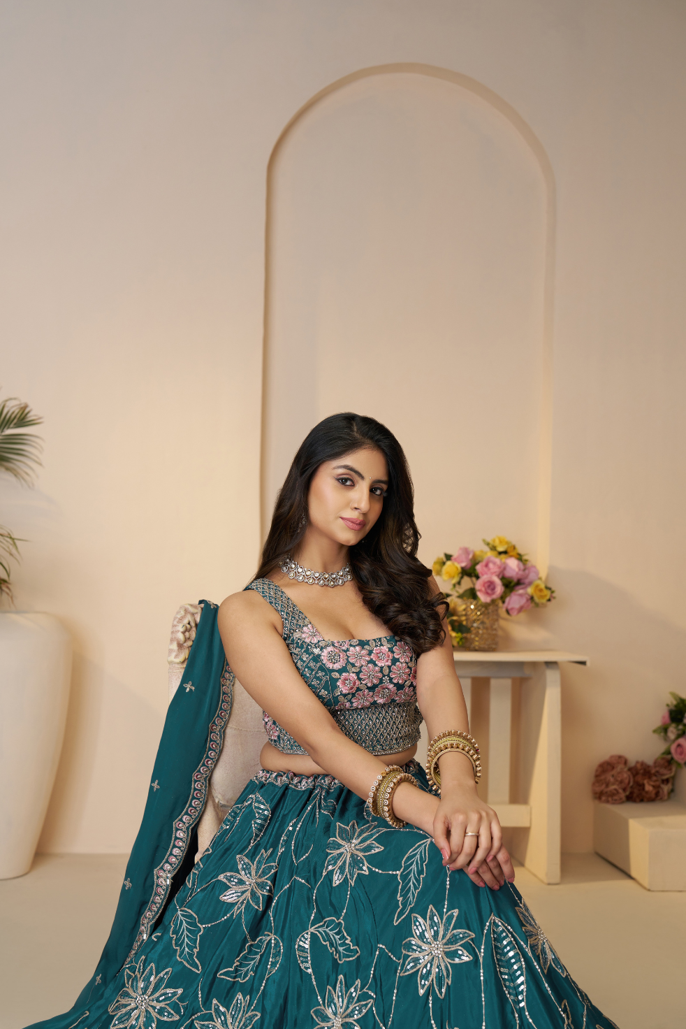 Blue Bridesmaid Lehenga with Sequin Shine and Floral Embellishments - qivii