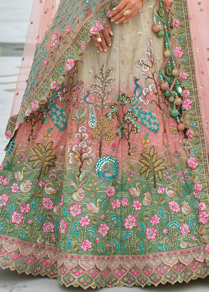 Pista Green and peach Viscose Tissue Lehenga Choli with Embroidery Work : Top Pick | Ready To Wear - qivii