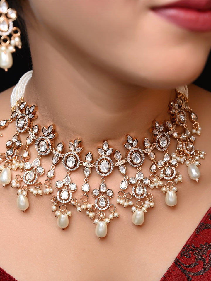 Rubi White Rose Gold Plated Kundan Choker with intricate floral design