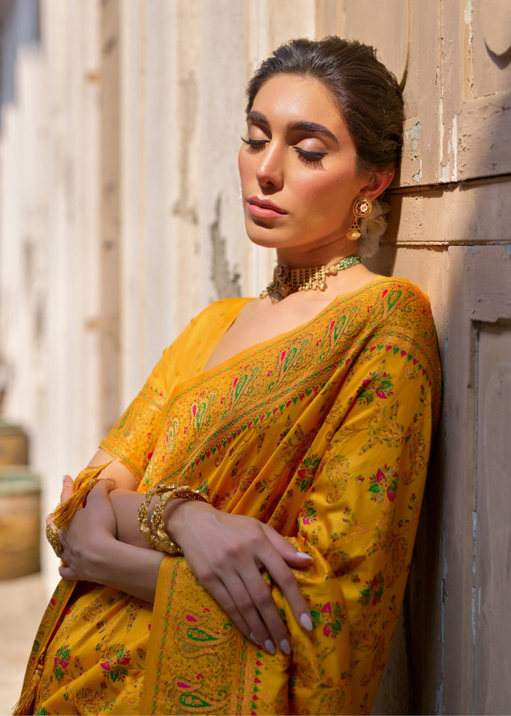 Yellow Thread Woven Jal & Flower Silk Saree With Thread Woven Pallu - qivii