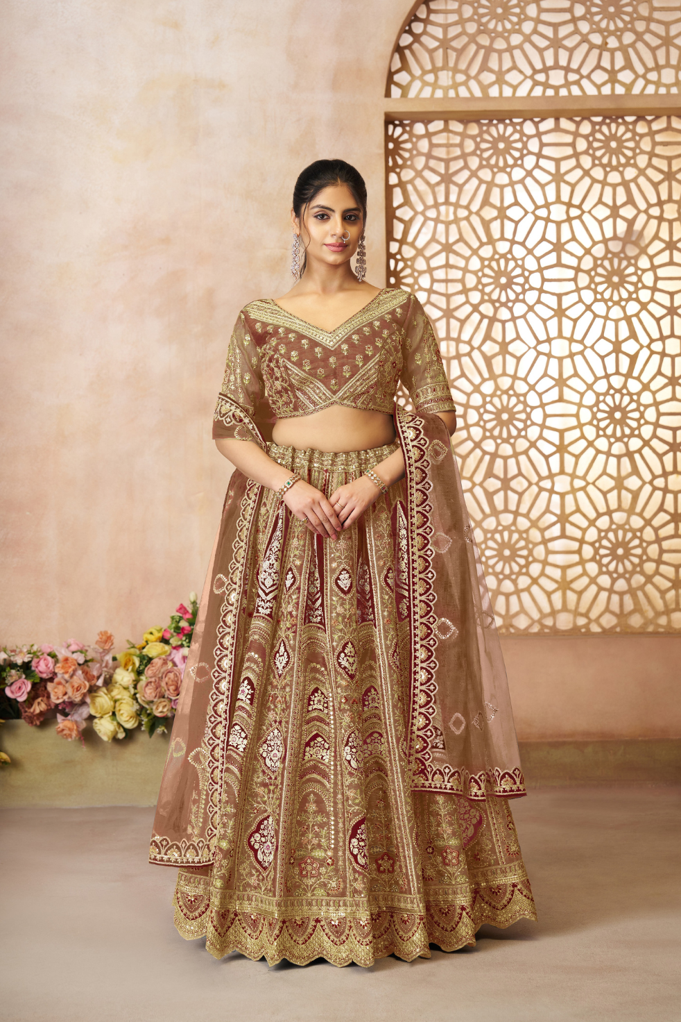 Mocha/Coffee Color Aari Embroidered Banarasi Lehenga for Brides - qivii