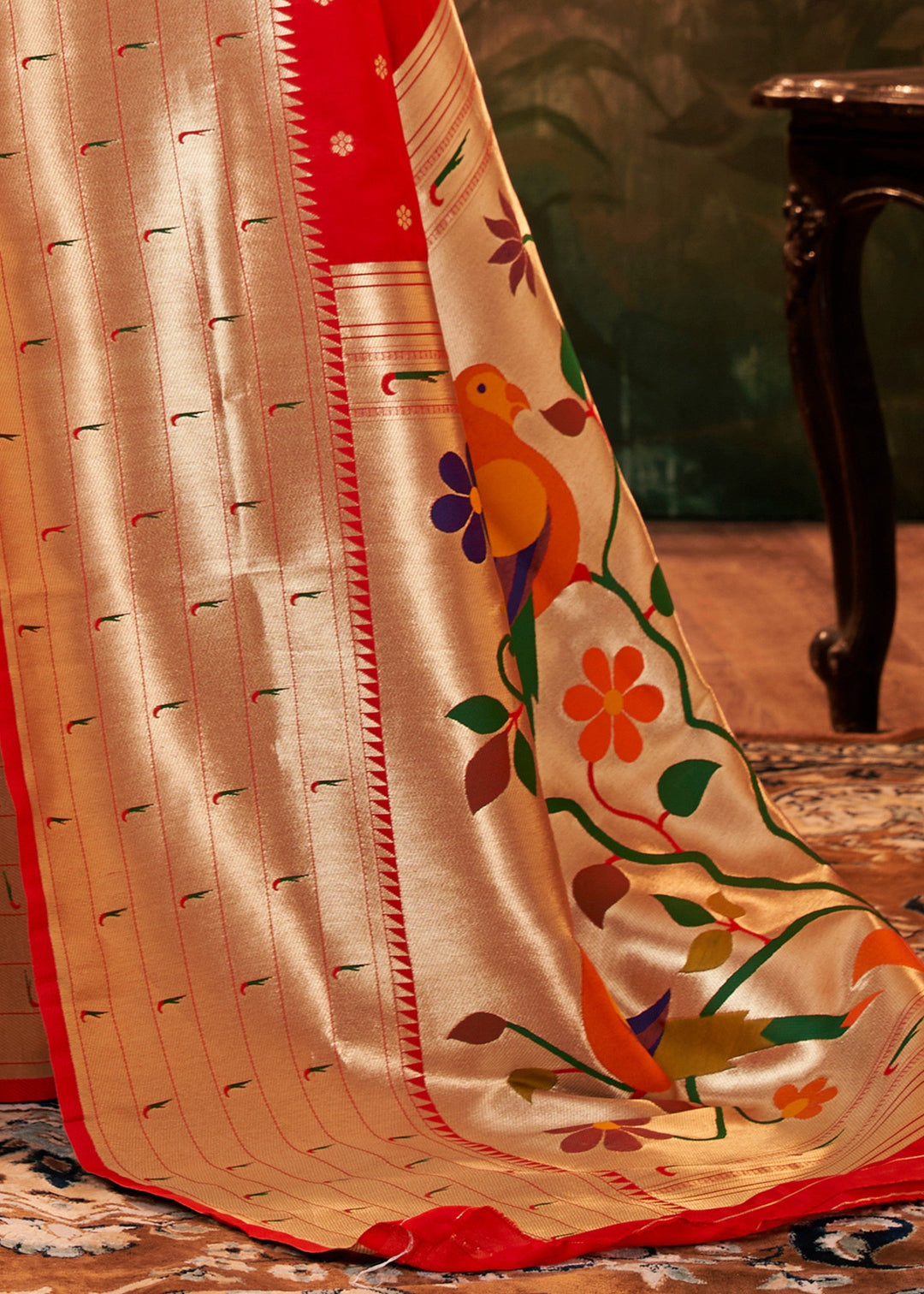 Cherry Red Paithani Silk Saree With Zari Weaving - qivii