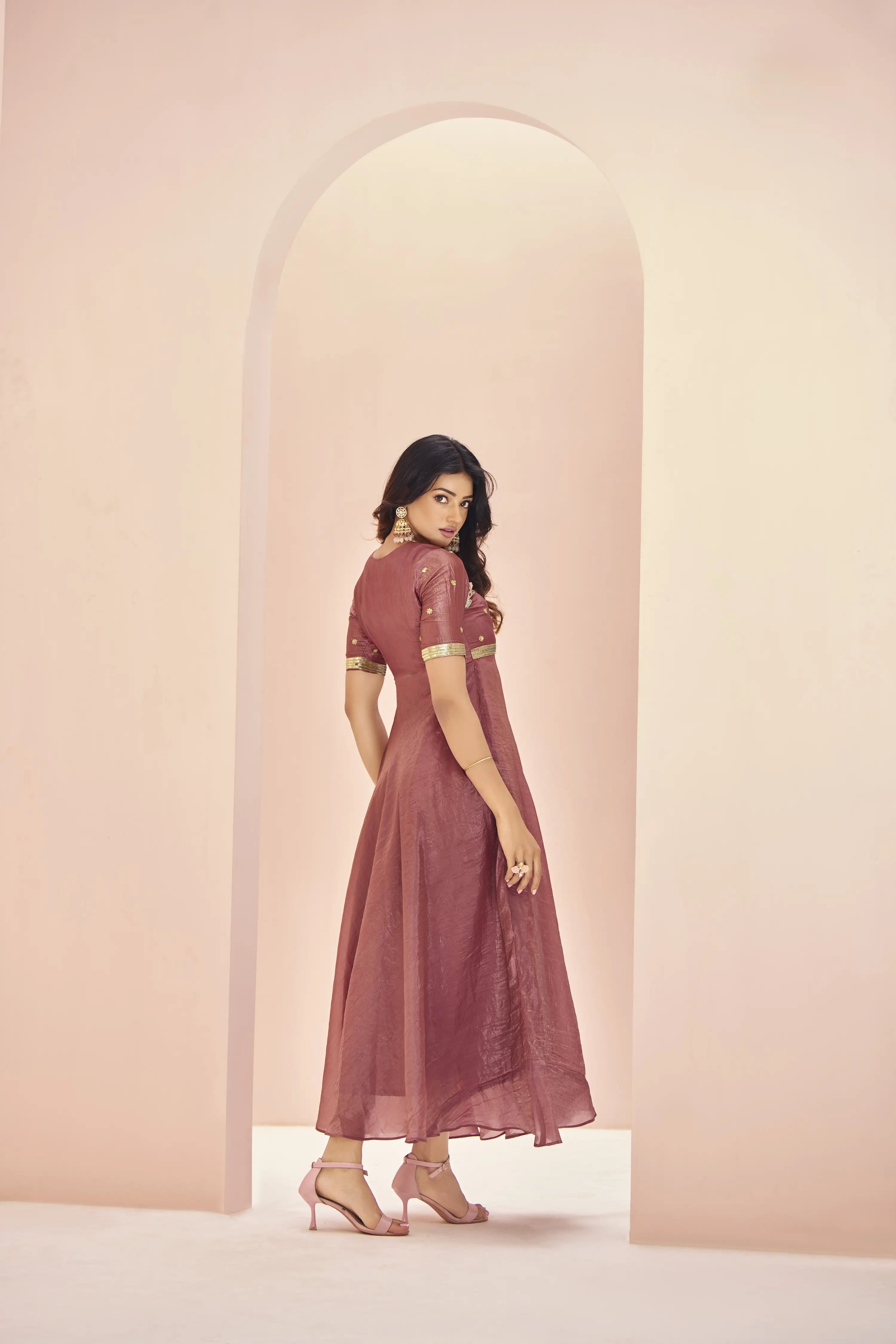 Coral Red Organza Kurta With Handwork