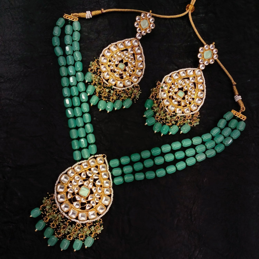 Afraah Mint Green Stone Gold Plated Pachi Kundan Pendant Set - Elegant and intricate traditional Indian jewelry set