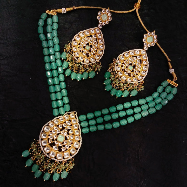Afraah Mint Green Stone Gold Plated Pachi Kundan Pendant Set - Elegant and intricate traditional Indian jewelry set
