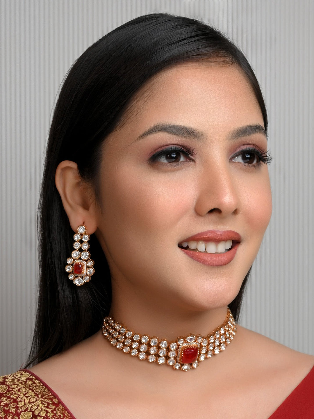Gold plated brass metal choker with red stone center for traditional occasions 