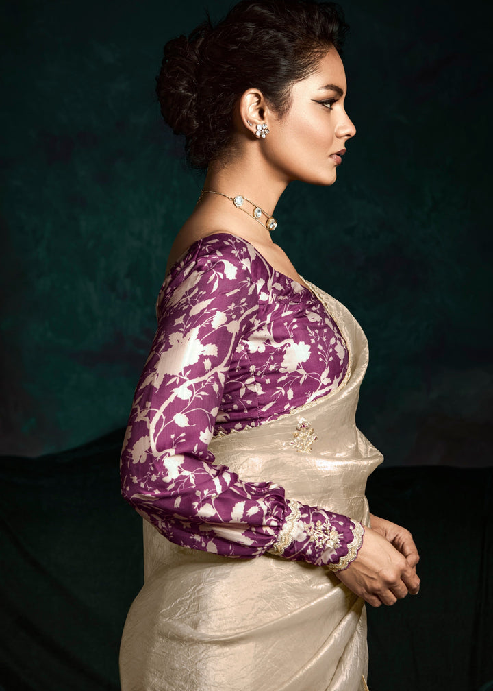 Beige Golden Fancy Fabric Silk Saree With Sequins And Thread Embroidered Butti Work - qivii