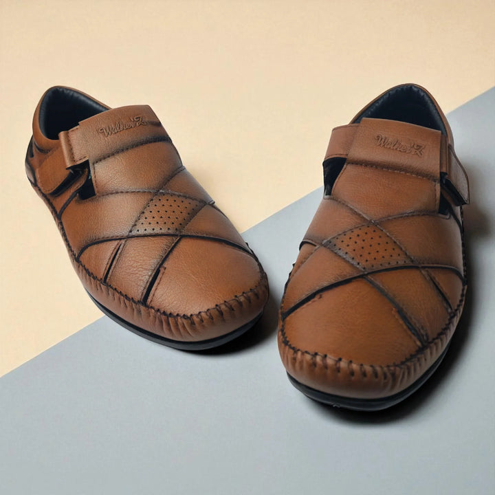 P&G N1401 Men's TAN Slipon Sandal Extra Soft Sandal/Mojri/Ethnic Wear Leather With Adjustable Strap/Navratri Fashion Footwear. - qivii