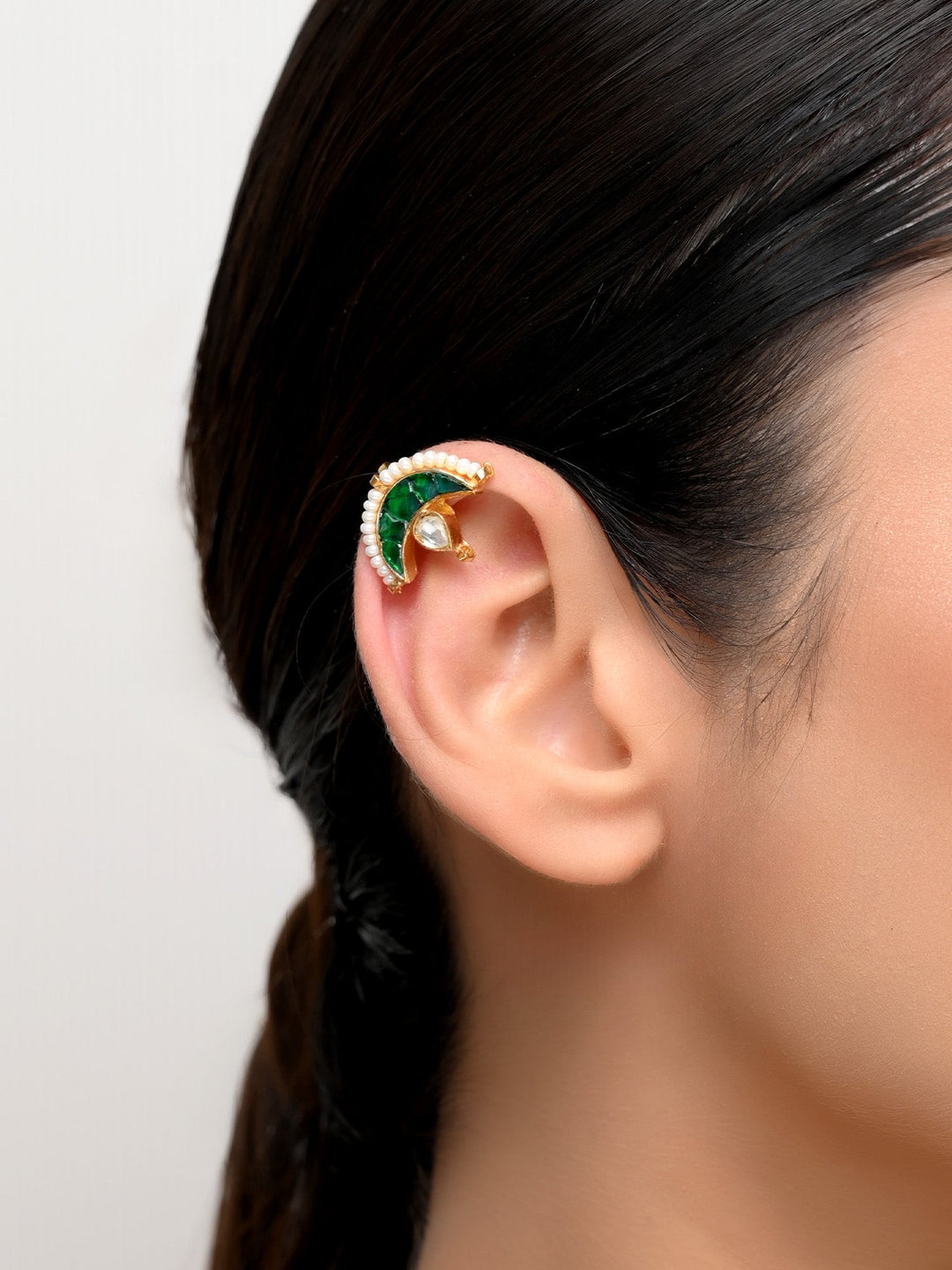 Godawari Medium Green Gold Plated Kundan Ear Cuff [ Price is for Pair ] - qivii