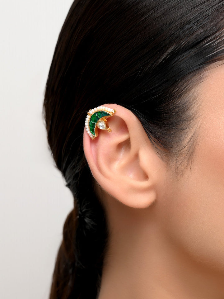 Godawari Medium Green Gold Plated Kundan Ear Cuff [ Price is for Pair ] - qivii