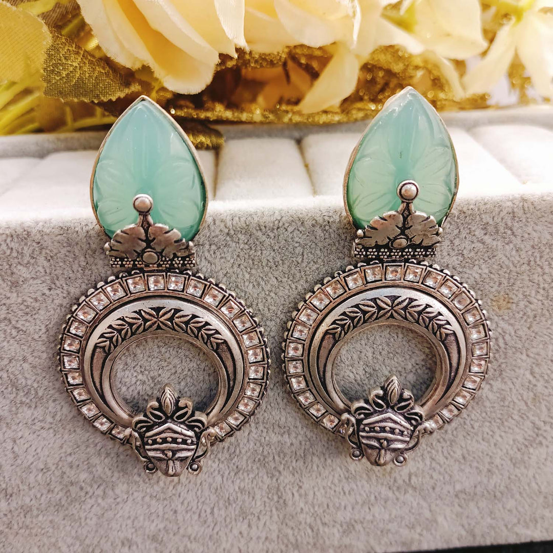 Handcrafted Mayura Mint Green Stone Temple Silver Plated Boutique Earrings for stylish women