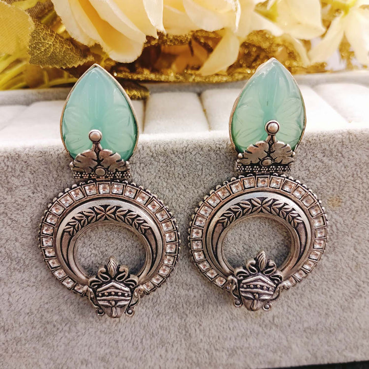 Handcrafted Mayura Mint Green Stone Temple Silver Plated Boutique Earrings for stylish women