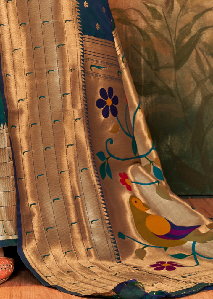 Dark Green Paithani Silk Saree With Zari Weaving - qivii
