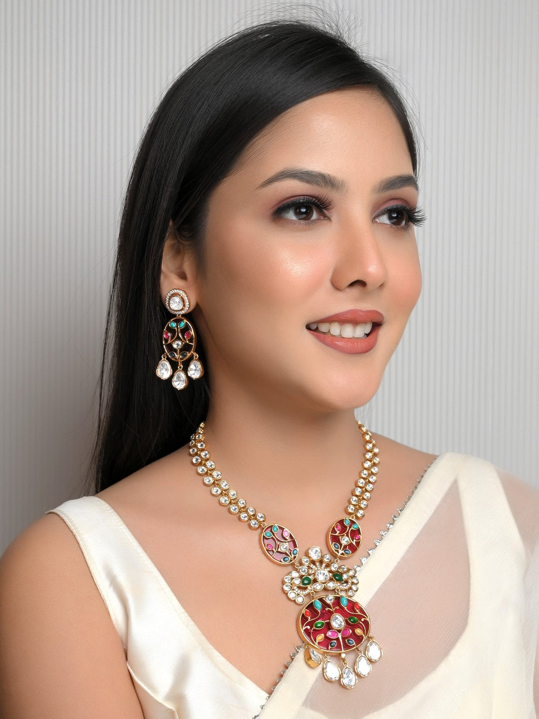 Gold plated brass metal multi colour boutique necklace set with polki and American diamond setting 